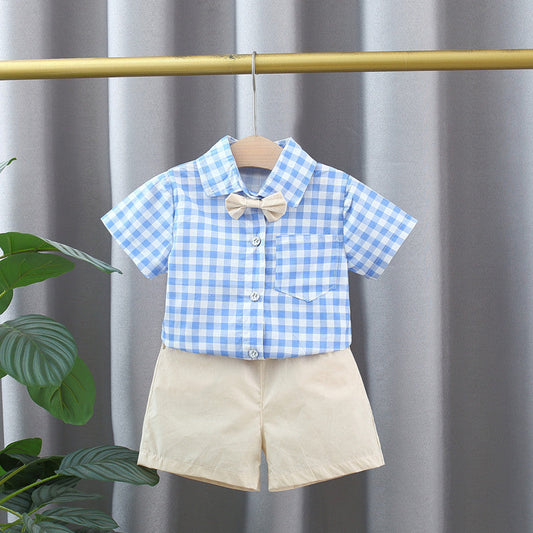 Summer Baby Kids Boys Blue Plaid Pattern Turn-Down Collar Short